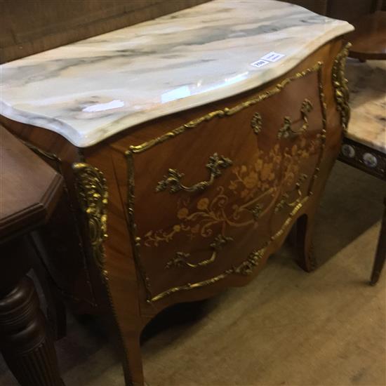 Bombe fronted inlaid marble top chest of drawers